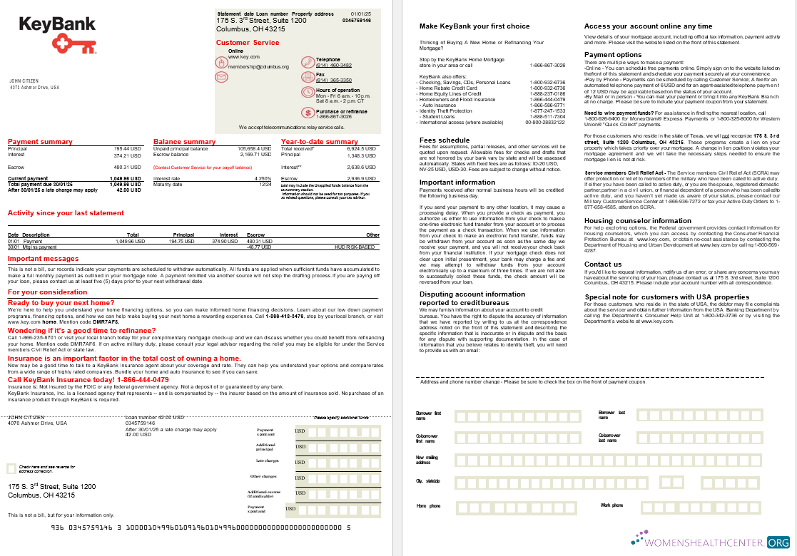 Download USA Ohio KeyBank bank mortgage statement in Word and PDF formats, 2 pages Photoshop template